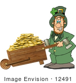 #12491 Irish Leprechaun Pushing A Wagon Of Coins Clipart