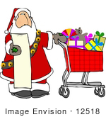 #12518 Santa With A Shopping List And A Cart Full Of Toys Clipart