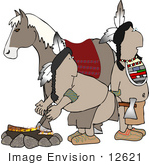 #12621 Two Native Americans And A Horse By A Fire Clipart