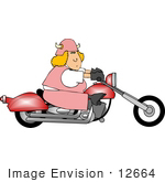 #12664 Blond Biker Woman Riding A Pink Motorcycle Clipart