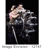 #12747 Picture of a Man and Woman Working on an Airplane Engine by JVPD