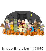 #13055 Large Group Of Trick Or Treaters In Costumes On Halloween Near A Haunted House Clipart