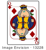#13228 Playing Card Of The Queen Of Diamonds Holding A Rose Clipart