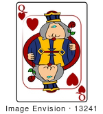 #13241 Playing Card Of The Queen Of Hearts Holding A Rose Clipart