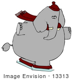#13313 Elephant On Ice Skates Wearing A Hat And Scarf Clipart