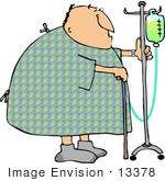 #13378 Senior Caucasian Man In A Hospital Gown With Cane And Ivs Clipart