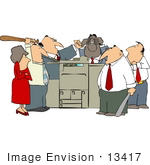 #13417 Angry Group Of Employees Beating Up A Printer Clipart