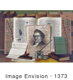 #1373 Photo Of A Portrait Of Noah Webster On A Desk By Ink And Books