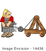 #14436 Roman Soldier Launching A Rock With A Catapult Clipart