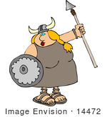 #14472 Blond Viking Woman With A Spear And Shield Clipart