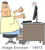 #14513 Caucasian Man In Front Of A Smoking Computer Clipart