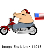 #14518 Shirtless Middle Aged Caucasian Biker Man On A Motorcycle With An American Flag Clipart