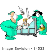 #14533 Caucasian Man Terrified As He Watches His Surgeons Hold Knives And Saws Clipart