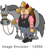 #14559 Caucasian Cowboy Holding The Reins To His Horse Clipart