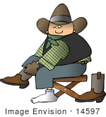 #14597 Caucasian Cowboy Putting Socks On Over His Boots Clipart
