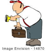 #14870 Worker Man In Suspenders Carrying A Flashlight And Toolbox Clipart