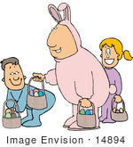 #14894 Easter Bunny Man And Children With Easter Eggs In Baskets Clipart