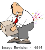 #14946 Man Lifting A Heavy Box And Hurting His Back Clipart