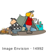 #14992 Caucasian Couple Roasting Mashmallows And Drinking Coffee By A Tent In A Campground Clipart