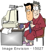 #15027 Cacuasian Man In Front Of A Web Cam Holding A Mask Of His Face Clipart
