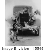 #15549 Picture Of A Dog Posing In Front Of An Old Car With Hunted And Killed Coyotes And A Bobcat
