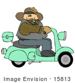 #15813 Caucasian Cowboy Man Riding A Green Motor Scooter Clipart