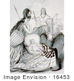 #16453 Picture of a Baby in a Cradle With Lady Liberty, Lady Justice, Bald Eagle and Flag by JVPD