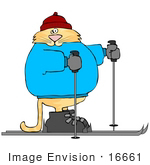 #16661 Fat Orange Cat Skiing Clipart