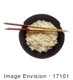 #17101 Picture Of A Pair Of Chopsticks Resting On A Full Bowl Of Cooked White Rice