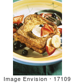 #17109 Picture Of Whole Grain French Toast Hot Breakfast Topped With A Dollop Of Whipped Cream And Strawberries Blueberries Strawberries And Bananas On The Plate