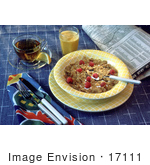 #17111 Picture Of Cold Breakfast Cereal Newspaper Orange Juice Tea And Silverware