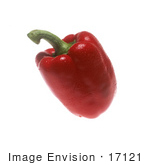 #17121 Picture Of One Whole Red Bell Pepper With A Green Stem Covered In Water Droplets