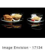 #17134 Picture Of Two Plates On A Black Mirrored Background Each Plate With A Bowl Of Cereal One With Two Muffins And The Other With A Strawberry