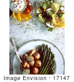 #17147 Picture Of A Healthy Dinner Meal With Cooked Potatoes And Asparagus Tossed Salad And Tomatoes And Peppers With A Dip