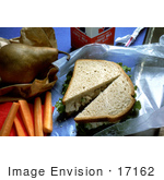 #17162 Picture Of A Healthy Lunch Consisting Of A Chicken Salad Sandwich Milk Pear And Carrots