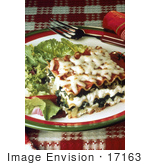 #17163 Picture Of One Whole Square Of Cut Vegetarian Cheese And Spinach Lasagna Served With A Salad