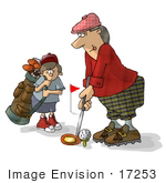 #17253 Golfer Man About To Hit A Golf Ball Standing By His Young Caddy Boy Clipart