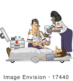 #17440 Caucasian Man And African American Woman Emt Paramedics Using An Iv On An Injured Patient Clipart
