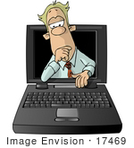 #17469 Business Man Popping Out Of A Laptop Computer Clipart