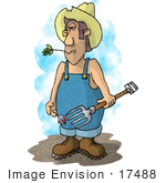 #17488 Redneck Farmer Man In Overalls Chewing On Straw And Carrying A Pitchfork Clipart