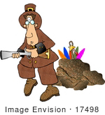 #17498 Pilgrim Man Hunting For A Turkey With A Blunderbuss Gun Clipart