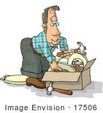 #17506 Middle Aged Caucasian Man With A Box Of Hammers And Toilet Seat Covers And Lids Clipart