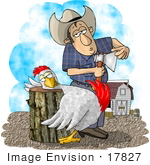#17827 Cowboy Farmer Man With An Axe About To Butcher A Chicken Who Has Its Head On A Chopping Block Clipart