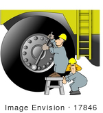 #17846 Man And Woman Workers Adjusting The Lug Nuts On An Earth Mover Machine Clipart