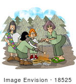 #18525 Girl Scout Troop Roasting Marshmallows On A Campfire In The Woods Clipart