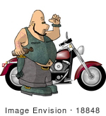 #18848 Royalty-Free Clipart Illustration Of A Tattooed Biker Man Standing By His Red Motorcycle