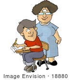 #18880 Teacher Standing By A Boy Student In A Classroom Clipart