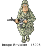 #18928 Us Army Soldier In Camo Carrying A Weapon Clipart