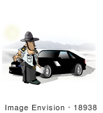 #18938 Police Man Reaching For His Gun While Standing By A Car Clipart