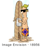 #18956 Male Surfer Dude Wiping Down His Surfboard On The Beach Clipart